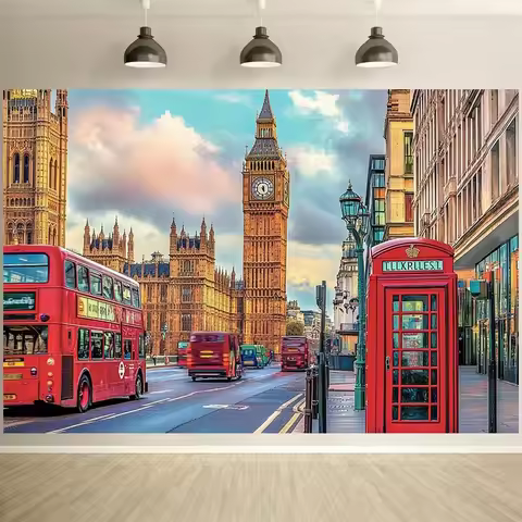 2D plane, 2D plane banner 1pc London street scene mural - retro red phone booth and large clock, a p