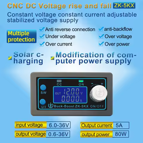 ZK-5KX DC DC Buck Boost Converter Programmable CC CV 0.6-36V 5A 5V 12V 24V 80W Power Module Adjustab