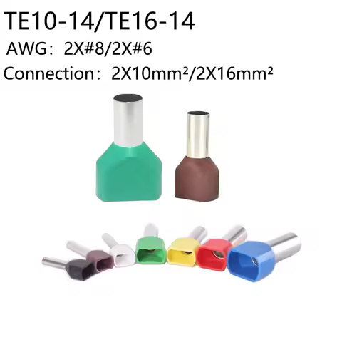 50PCS Copper Lug 10mm² TE10-14 AWG 2X#8 / 16mm² TE16-14 AWG 2X#6 Dual Wires Crimping Terminal Insula