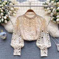 Vintage Blouse for Women Fashion O-neck Lace Crochet Hollow Out Skinny Shirts French Chic Versatile