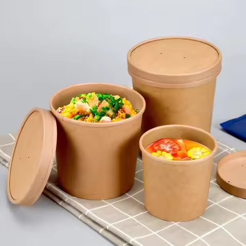 10PCS New Disposable Kraft Paper Bucket Bowl with Lid 8oz/12oz/12oz Round Paper Soup Bucket Hot Soup