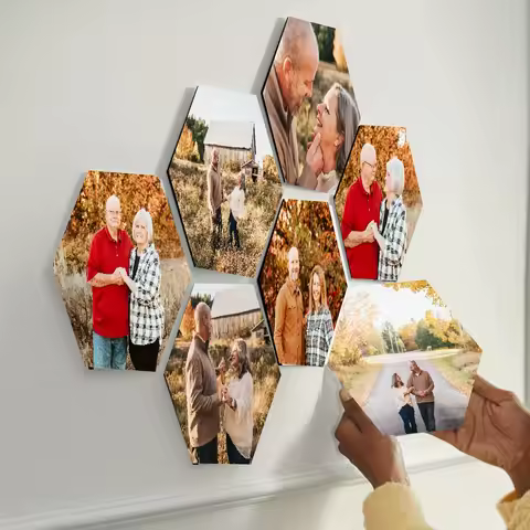 Custom photo-printed hexagon tiles, size 9.4x8 inches, personalized photo wall printing, collage wal