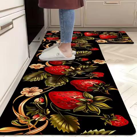 Non-Slip Strawberry Delight Kitchen] Strawberry Delight Kitchen Mat - Non-Slip, Absorbent & Machine 