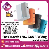 Sạc Cuktech 120w 3 Cổng (2C+1A) Mi turbro 120W PD3.1/PPS2.0/QC AD1003 - Bảo Hành 18 Tháng