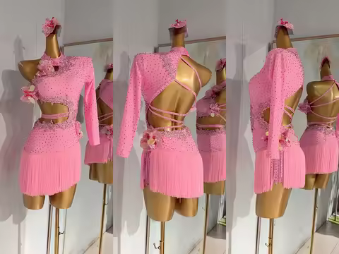 Latin Dance Competition Women's High-end Custom Pink Slim Fit Hollow Tassel Skirt Samba Performance 