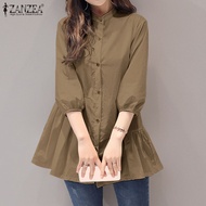 ZANZEA ผู้หญิง Patchwork Workwear Swing Shirt เสื้อ3/4แขนเสื้อ #11