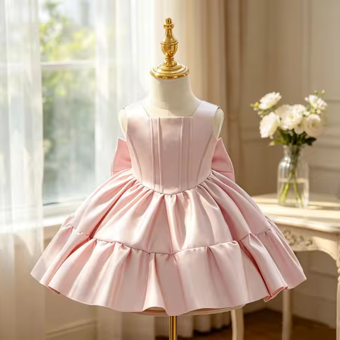 Girl's solid color princess dress birthday emcee piano performance outfit puffy bow first birthday d
