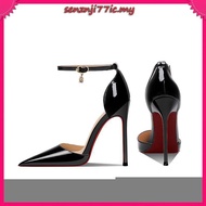 heels bertutup ysl heels Kulit paten hitam berongga gesper satu perkataan sandal tumit tinggi wanita