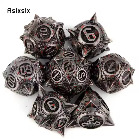 7 Pcs Silver Red Meteor Hammer Metal DicePerfect For Rpgs, Board Games, And Card Games.Dice For Game