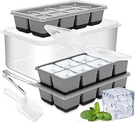 Large Ice Cube Tray with Lid and Bin, Jrisbo Silicone Big Square Ice Cube Molds for Freezer, 3 Pack