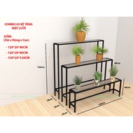 Shelf 120cm long, 25cm wide, 03 shelves (40-80-120)cm high, 20cm steel, 2-tier steps and 03 shelves