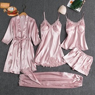 feng 5PC Silk Robe Sleep Suit - Lace Satin Women's Nightwear