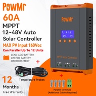 PowMr 2024 New 100% Mppt 60A Solar Charge Controller 12v-48v Auto 160vdc lcd fan Support Parallel Up