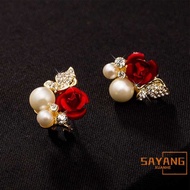 Anting Tusuk Gantung Desain Kupukupu Hias Mutiara + Bunga Mawar Merah