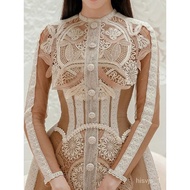 🚓Vietnam Niche Designer Heavy Industry Water Soluble Lace Dress Water Soluble Lace Long Sleeve Waist-Slimming Dress1535