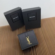 [Original Genuine with Packaging Box] SAINT LAURENT YSL Calfskin Grain Leather Tri-Fold Wallet 100% 