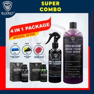 GLANZY+ Super Combo Pack (9H Ceramic Coating + 10H Diamond Coating + Wax & Grease Remover + Snow Foa