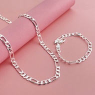 Foreign Trade Jewelry Copper Silver-Plated 6MM Three-to-One Necklace Bracelet Set Ready Stock 20/40/