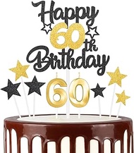 Black Gold 60th Birthday Candles Cake Topper Set, 3D Golden Number 60 Candle for Cakes, Girls Boys 6