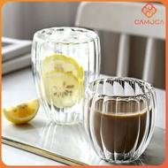 Cc 250ml 350ml 450ml Double Wall Transparent Glass Coffee Mug Heat Resitant Tea Mug Stripe Shape