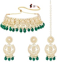 Aheli Gold Plated Kundan Studded Choker Necklace Jhumki Earrings &amp; Maang Tikka Ethnic Fashion Jewellery Set Gift for Women