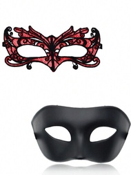 情侶化裝舞會面具- 2件套加厚黑色面具和俏皮的紅色花邊威尼斯面具，適用於婚禮、酒吧派對、裝扮、嘉年華面具配件