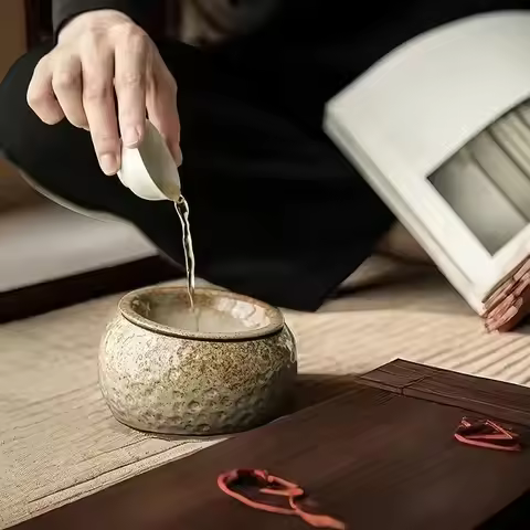 Retro Rough Pottery Japanese Style Water Tank With Lid Household Ceramic Tea Ceremony Accessories Wa