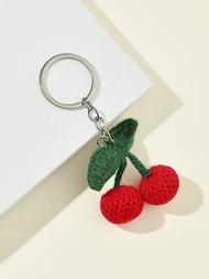新款手工製作羊毛仿真水果櫻桃鑰匙扣袋飾掛件女士配飾，紅色櫻桃鑰匙扣