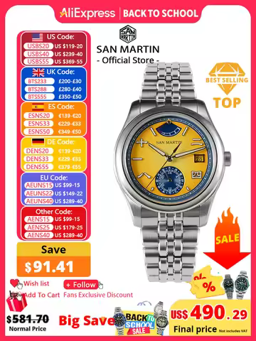 San Martin 39mm Miyota 9132 Power Reserve Display Men Luxury Sport Watch Automatic Mechanical Waterp