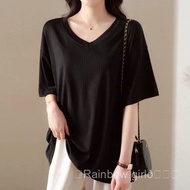 夏季胖mm加肥加大码上衣300斤特大码女装260纯色V领短袖200斤T恤Fat pulssize oversize T-shirts