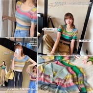 SFBK307🌺พร้อมส่ง🌺เสื้อไหมพรมลายทางคอสี่เหลี่ยมแขนสั้นผู้หญิง กระดูกไหปลาร้าที่เปิดเผยเซ็กซี่ เสื้อสเ