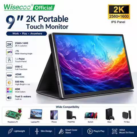 9" 2K Portable Touch Monitor 2560×1600 IPS USB-C Mini HD-MI Second Display for Laptop Switch Raspber