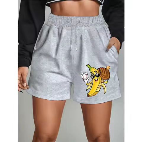 New Women's Summer Casual Versatile Mid Length Pants, Banana Wearing Glasses and Baseball Style, Tre