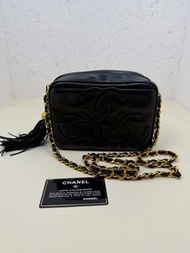 chanel 香奈兒 中古 黑卡3開 黑金小金球相機包 18cm