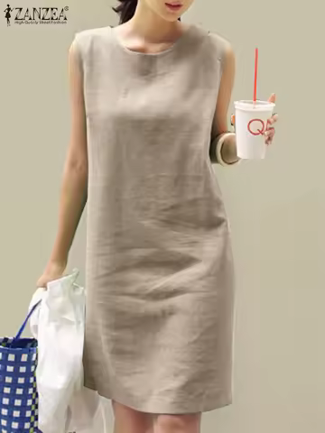 2023 Women Dress Summer ZANZEA Female Sleeveless Loose Mini Dress Office Cotton Party Streetwear Dre