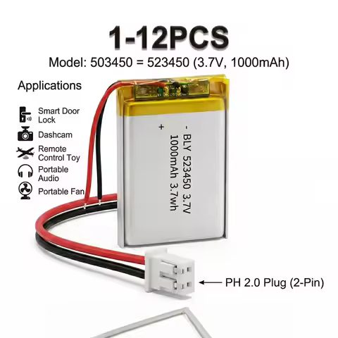 1000mAh 3.7V 503450 523450 Lithium Polymer Battery Rechargeable Lipo Li-ion Replacement for Bluetoot
