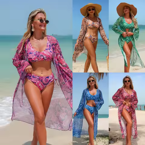Vintage Print Women 3-Piece Bikinis Set Fashion Beachwear Vacation Swimwear S-XXL