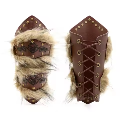 2 Pcs Medieval Viking Warrior Wristband PU Leather With Fur Gauntlet Bracer Steampunk Knight Wristba