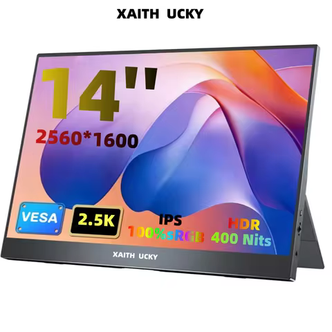 XAITHUCKY 14 Inch 2.5K Portable Monitor, 2560x1600 QHD IPS, 100% sRGB, USB-C HDMI, Built-in Stand & 