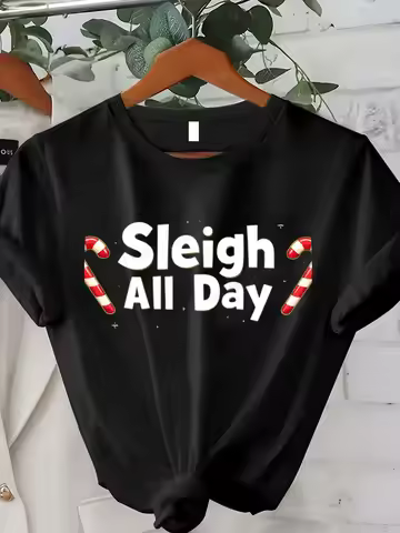 Women T-shirt Sleigh All Day Christmas Candy Cane T-Shirt for Women