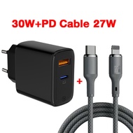 For iPhone SAMSUNG PD 30W Fast Charger GaN หัวชาร์จ + สายชาร์จ ชุดหัวชาร์จและสายชาร์จ USBA+C ชาร์จเร