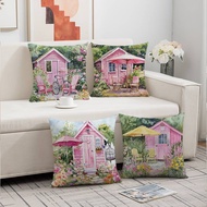 Pink house design pillowcase, 17.72*17.72 inches.