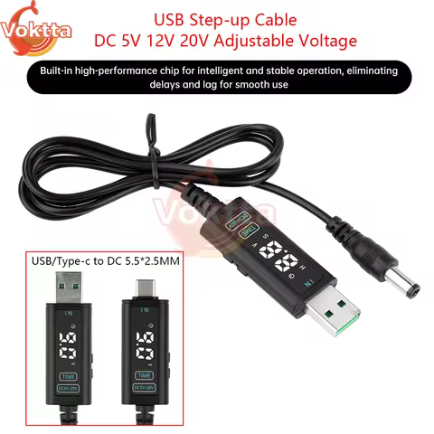DC 5V 12V 20V USB Step-up Cable 5-10V to 5-20V Adjustable Voltage Boost Converter USB/Type-c to DC 5