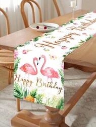 1入組35*180cm夏威夷火烈鳥款式聚酯纖維生日桌旗，女孩生日派對房間桌面裝飾用品桌布