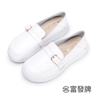 Fufa Shoes [Fufa Brand] Flat Buckle Strap Genuine Leather Casual Lazy White Women's Slip-On Sneakers