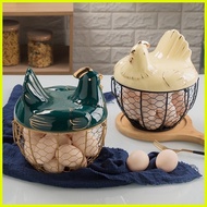 ♞,♘,♙Large Stainless Steel Mesh Wire Egg Storage Basket with Ceramic Farm Chicken Top and Handles