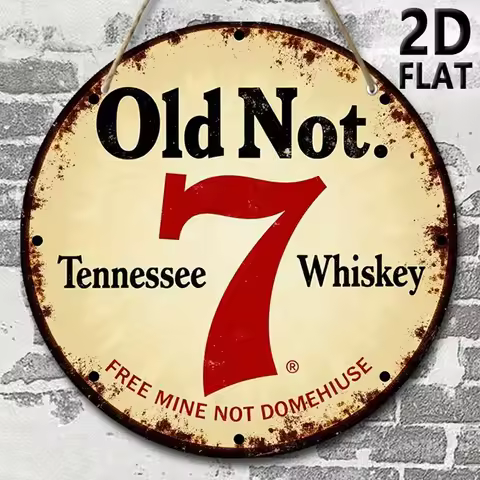 2D Flat, 2D, Flat Fun Wall Decor Wooden Sign with a Round Metal Logo Featuring the Number 7, 7.87-in