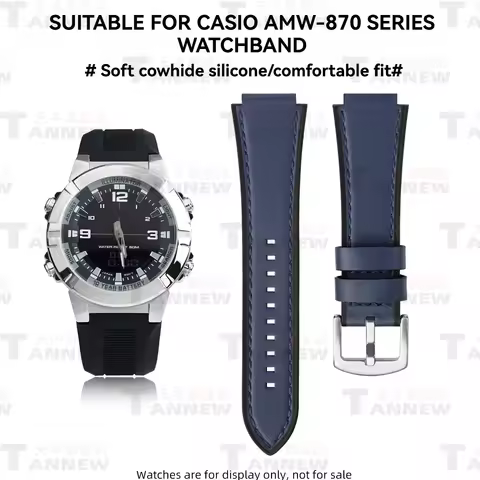 For Casio AMW-870 Series, Genuine Leather & Silicone Replacement Strap with Convex End, Curved Inter