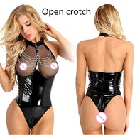 Erotic Sexy Crotchless Latex Catsuit Fishnet Clothing Open Crotch Jumpsuit Patent Leather Breast Exp