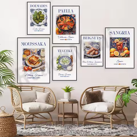 Paella, tiramisu, drink, greek tzatziki sauce, sangria, smoothie, blue Azulejo tiles, dessert, cooki